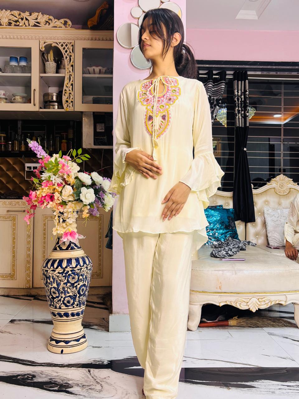 Ivory Chiffon Pearl Embroidered Co-Ord Set