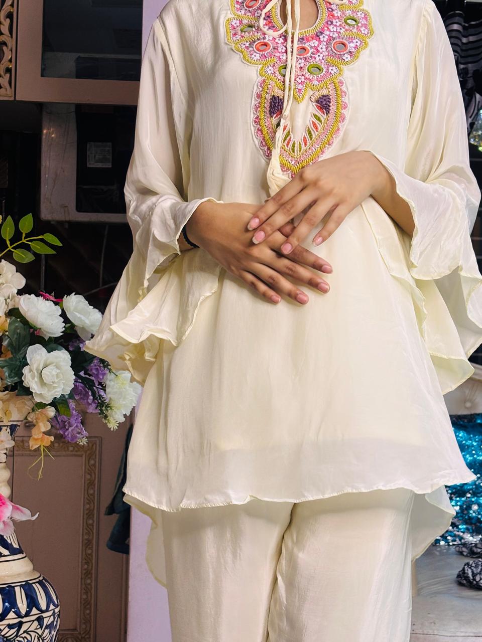 Ivory Chiffon Pearl Embroidered Co-Ord Set