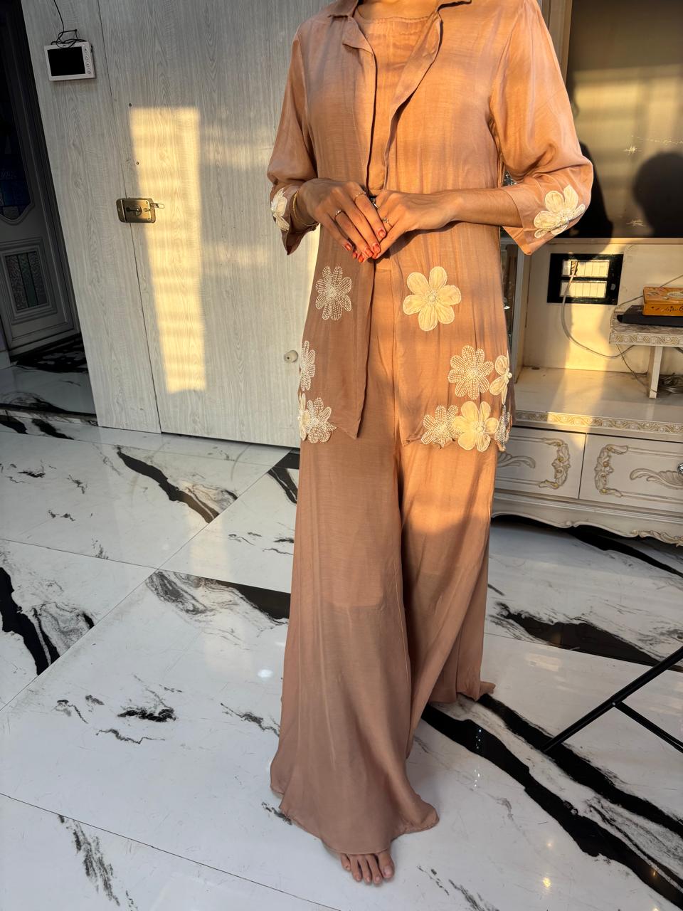 Mocha Brown Floral Embroidered Co-ord Set (Size 38–40)