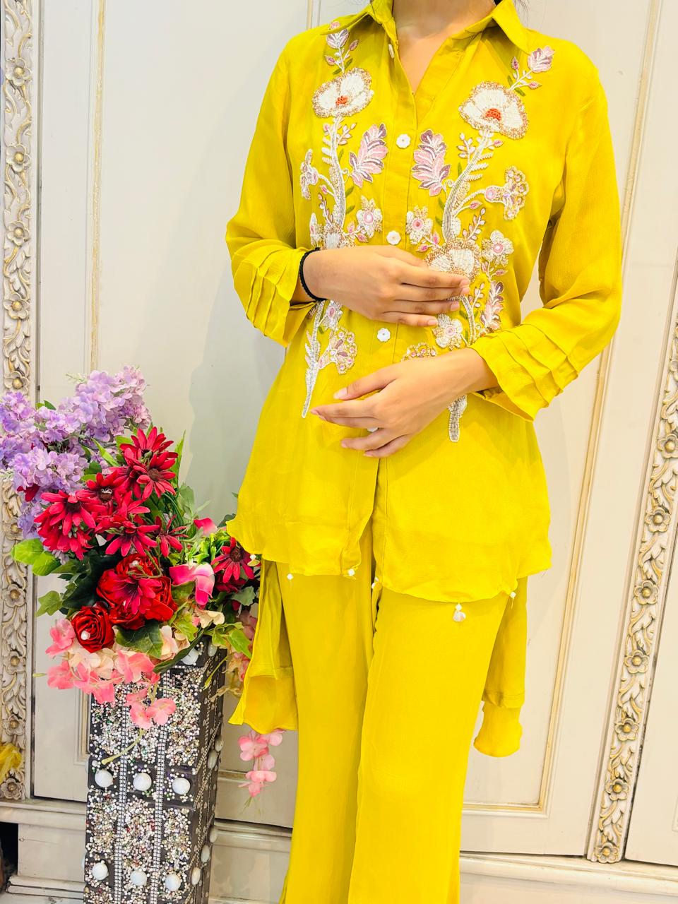 Premium Mustard Yellow Floral Embroidered Co-ord Set (Size 38–40)