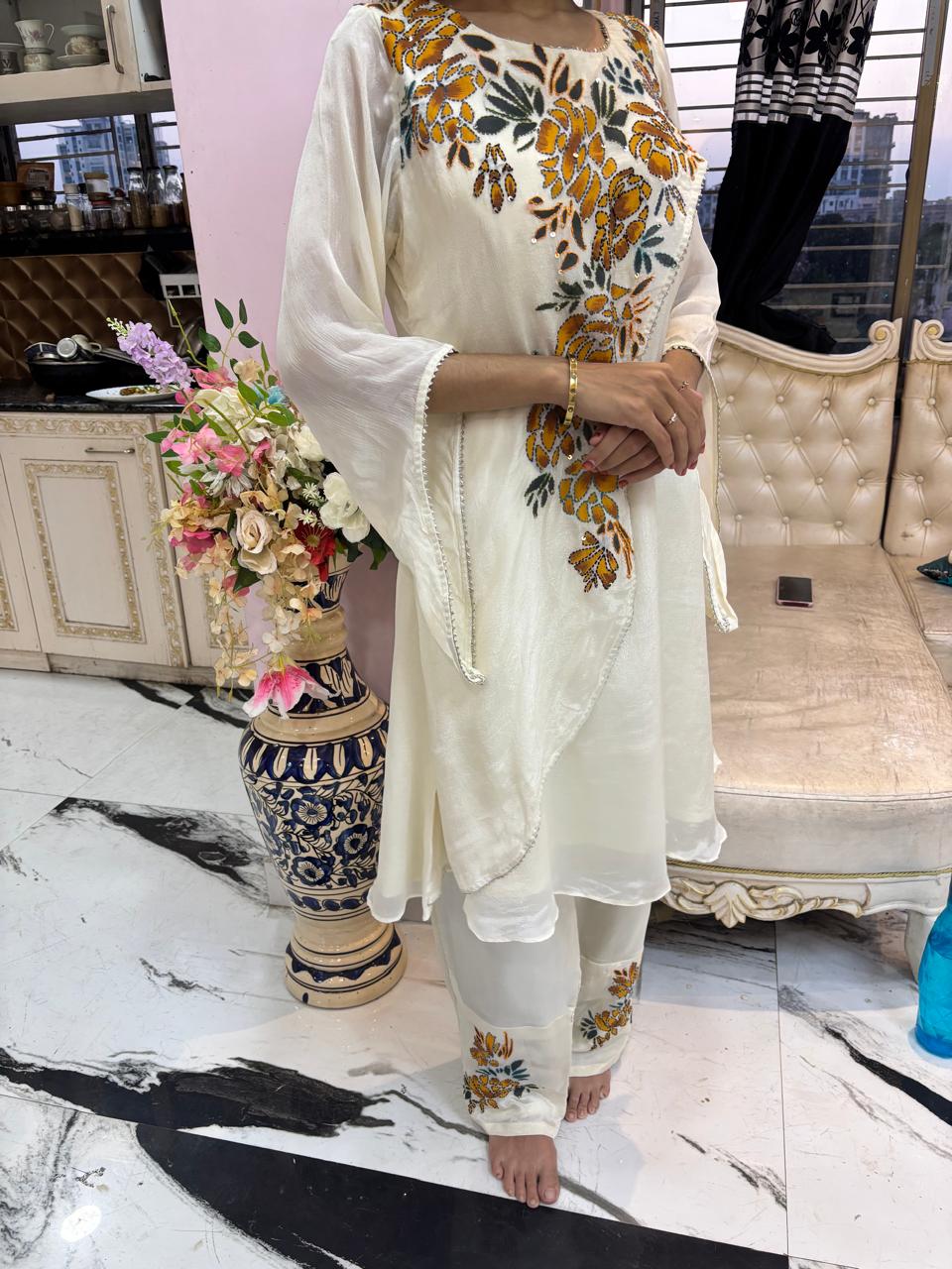 Ivory Mustard Floral Embroidered Asymmetric Kurta Set (Size 38–40)
