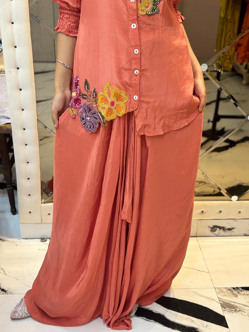 Rust Chiffon Handwork Designer Gown