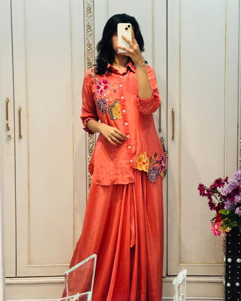 Rust Chiffon Handwork Designer Gown