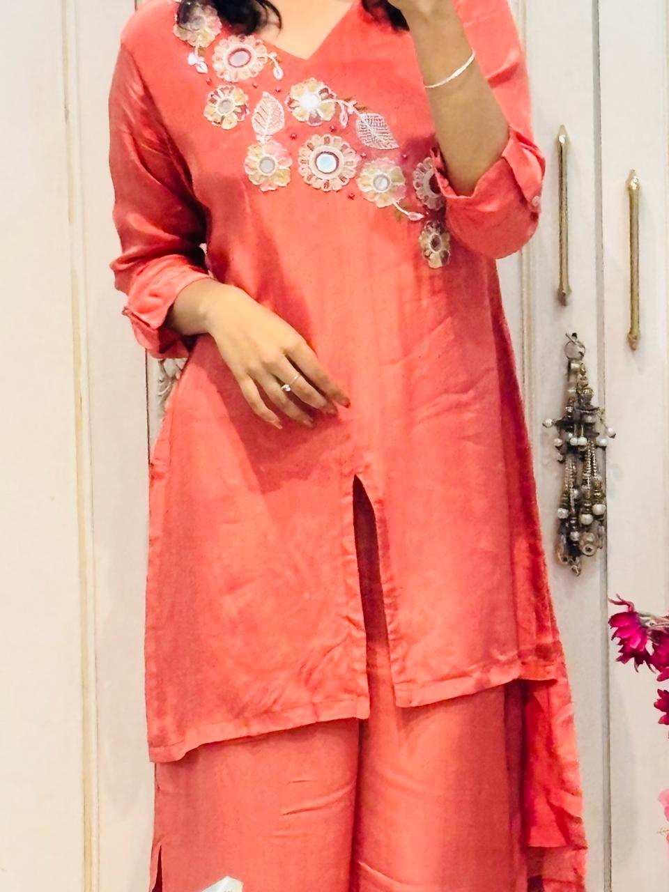 Rust Chiffon Pearl & Mirror Work Co-Ord Set