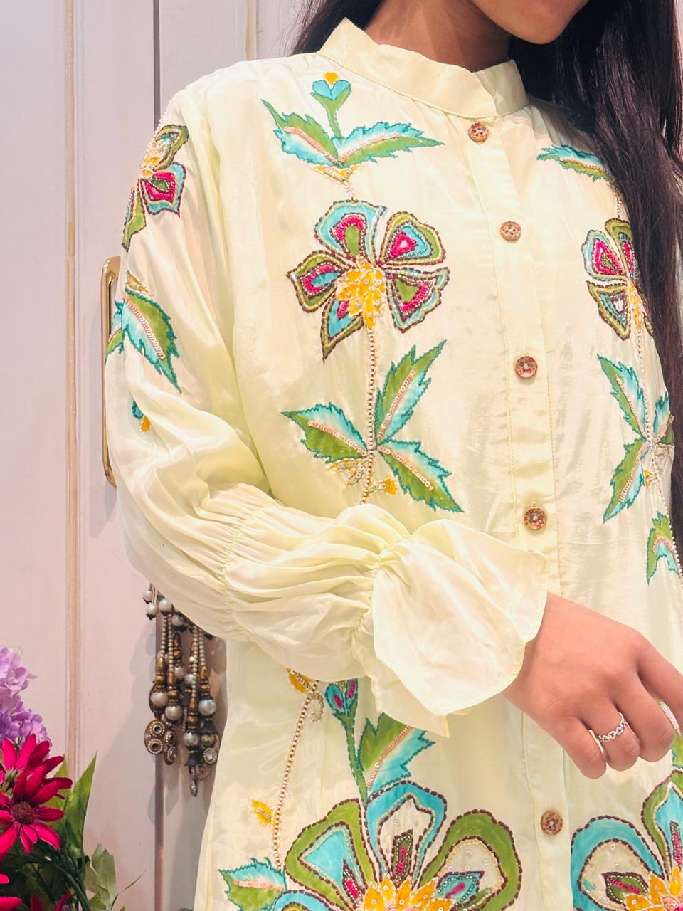 Pastel Yellow Crepe Satin Floral Embroidered Co-Ord Set