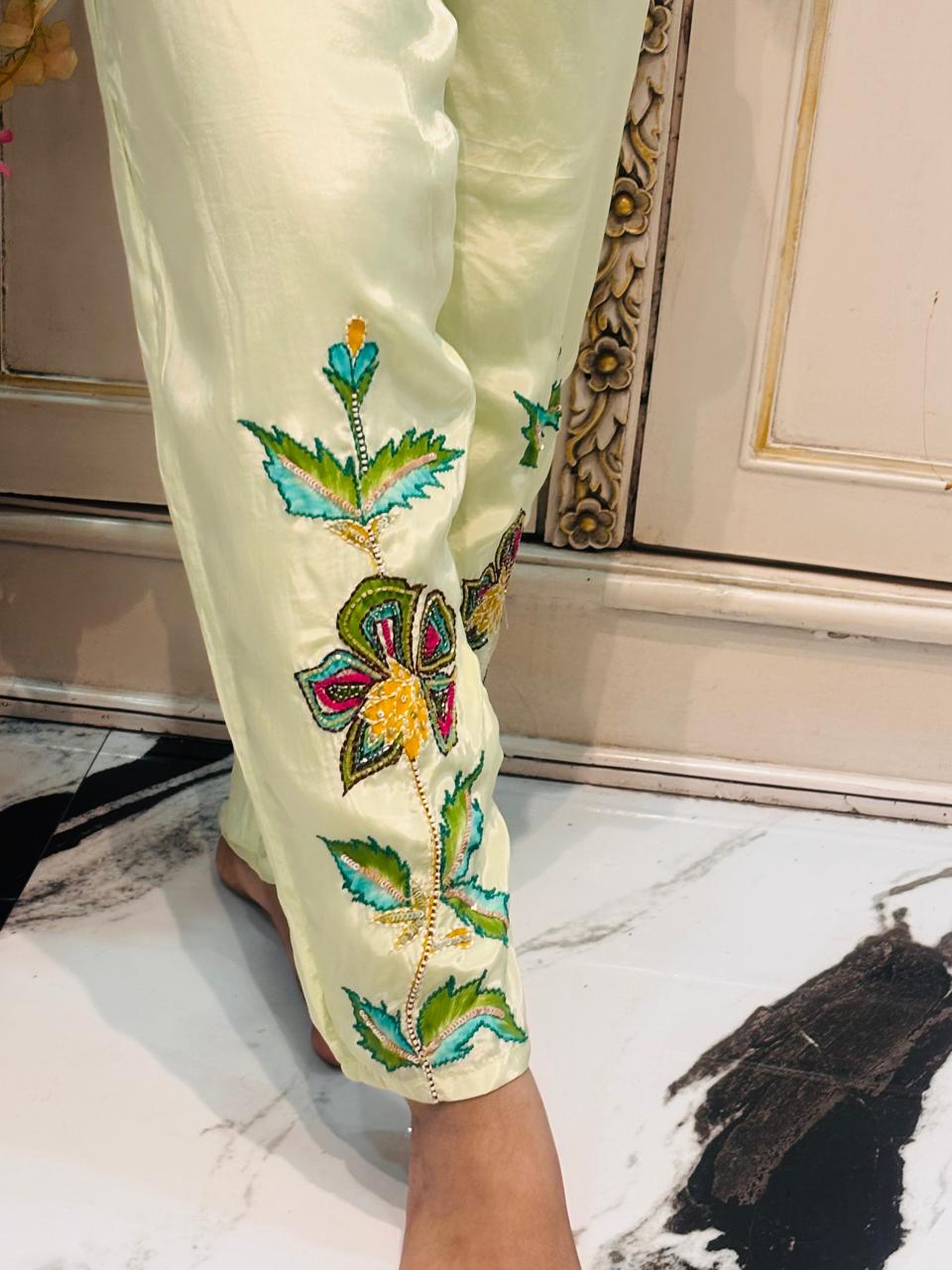 Pastel Yellow Crepe Satin Floral Embroidered Co-Ord Set